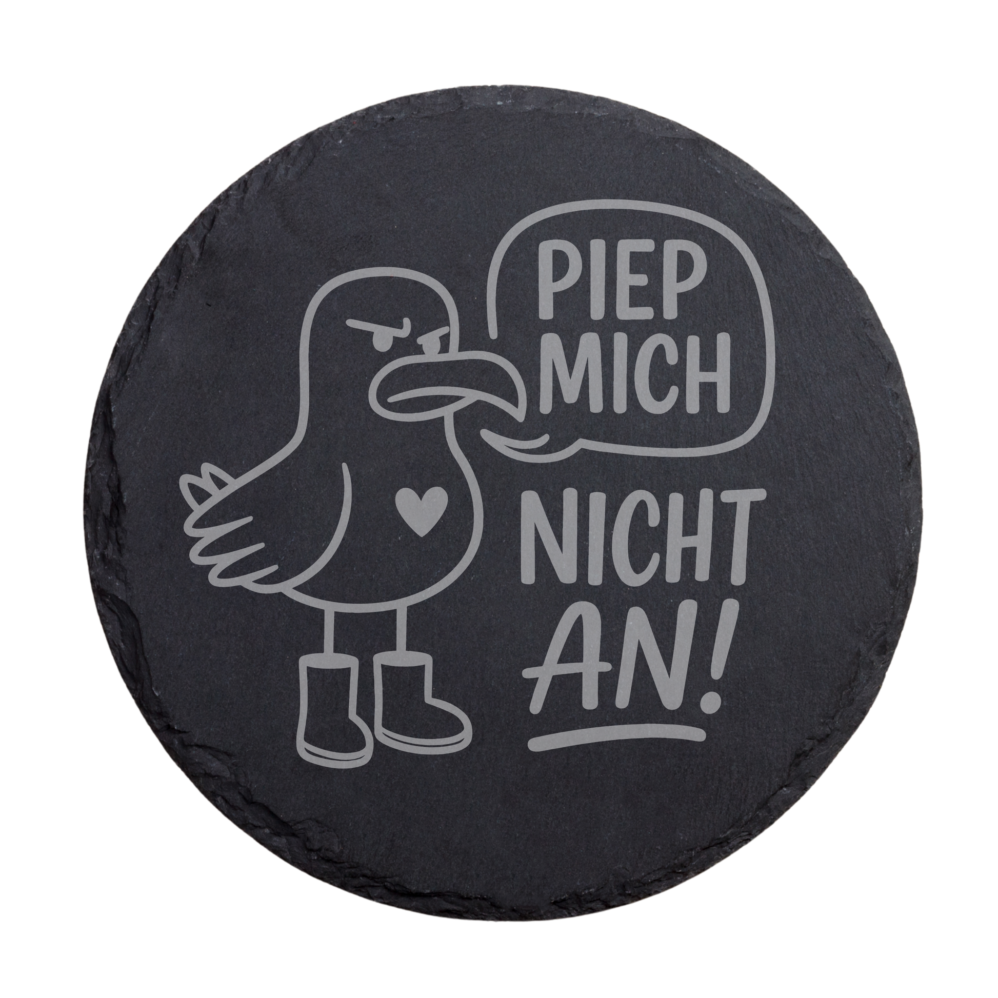 Runder schwarzer Schiefer-Untersetzer mit lustiger Möwe und Spruch „Piep mich nicht an!“
