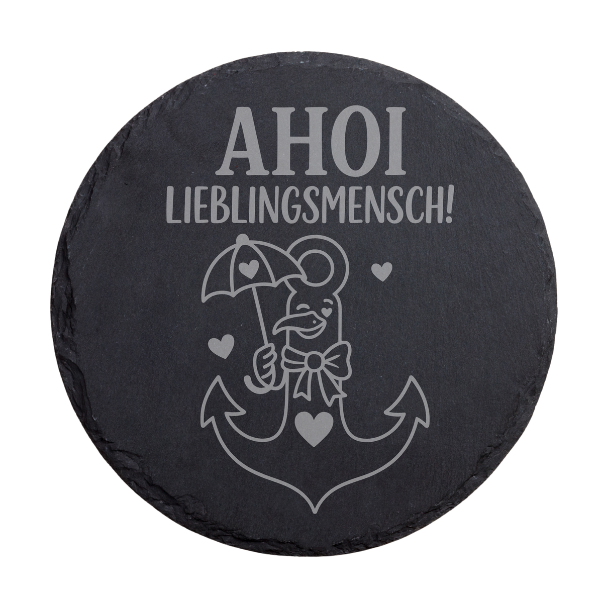 Runder schwarzer Schiefer-Untersetzer mit maritimem Spruch „Ahoi Lieblingsmensch!“ und dekorativem Anker