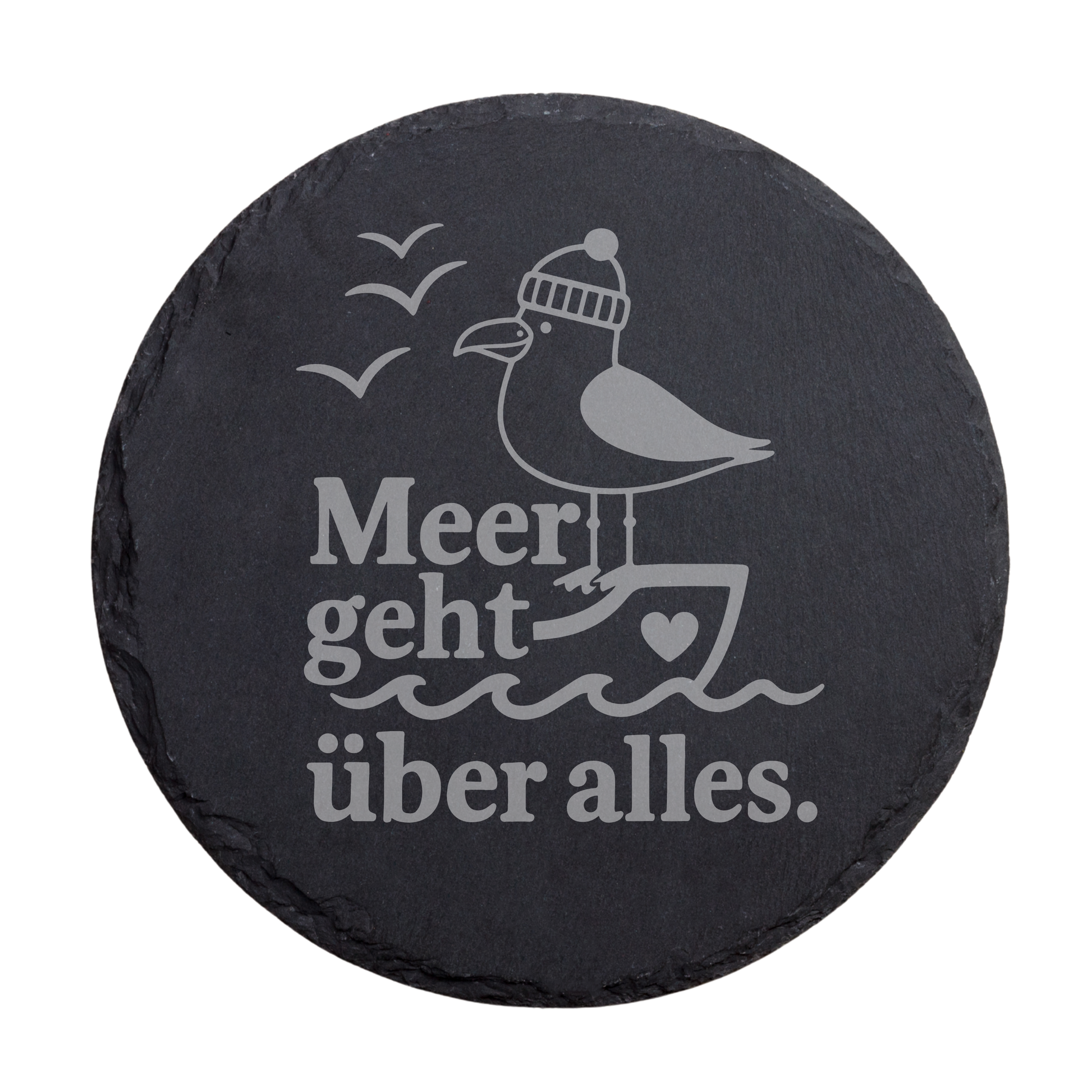 Runder schwarzer Schiefer-Untersetzer mit maritimem Spruch „Meer geht über alles“, Möwe und Herzdetail