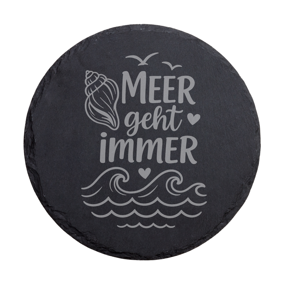 Runder schwarzer Schiefer-Untersetzer mit maritimem Spruch „Meer geht immer“, Muschel und Herzdetail