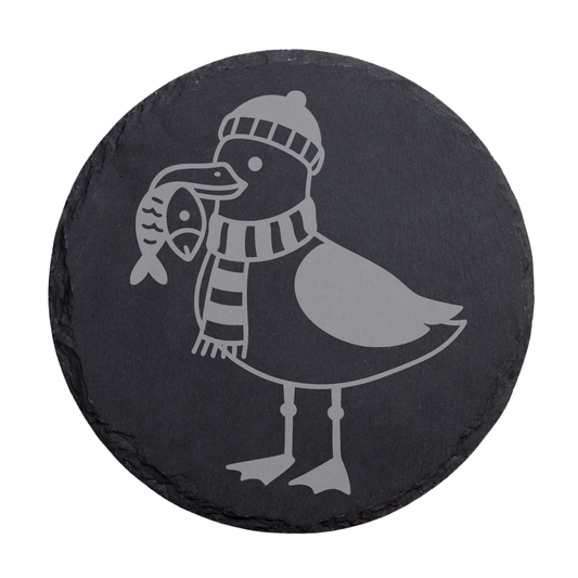 Runder schwarzer Schiefer-Untersetzer mit maritimer Möwe und Fisch Motiv