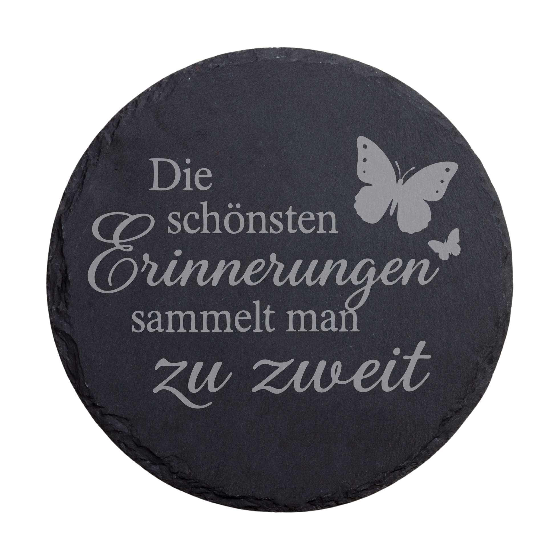 Runder schwarzer Schiefer-Untersetzer mit romantischem Spruch „Die schönsten Erinnerungen sammelt man zu zweit“