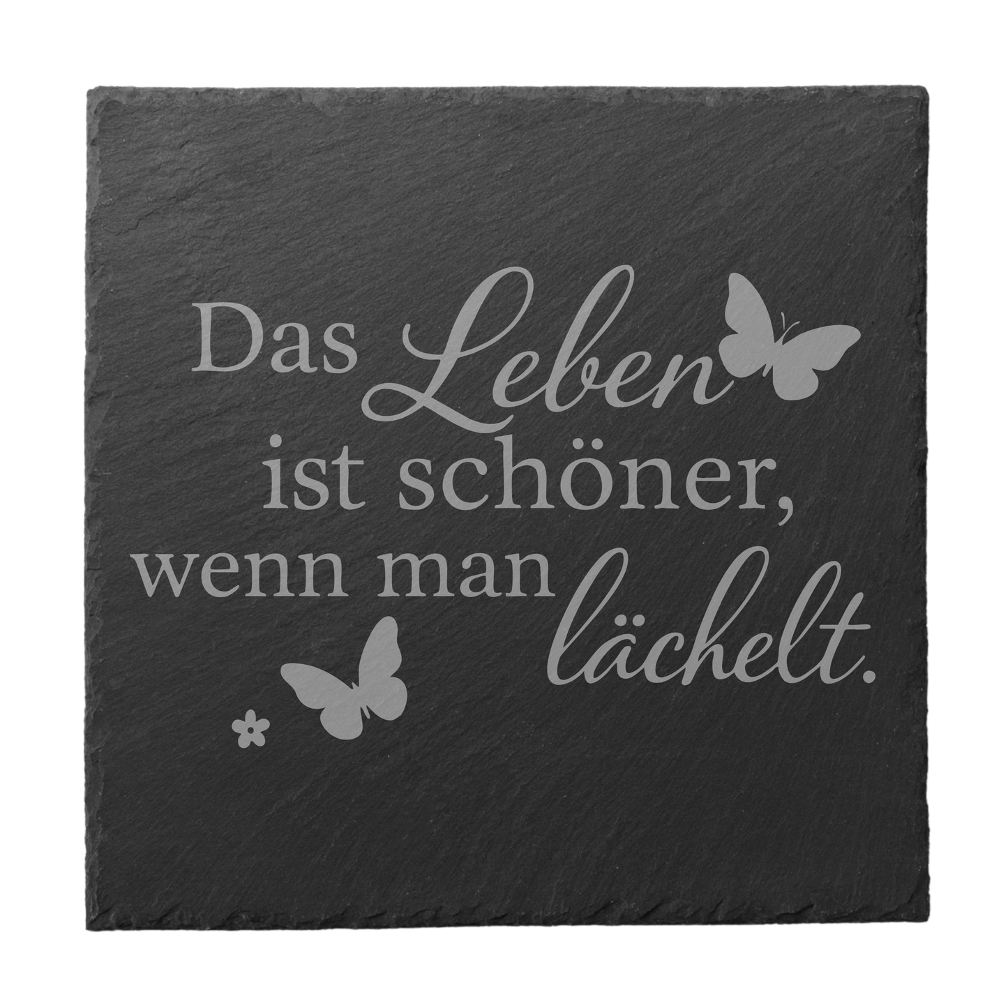 Schwarzer quadratischer Schiefer-Untersetzer mit Gravur „Das Leben ist schöner, wenn man lächelt“ und Schmetterlingen