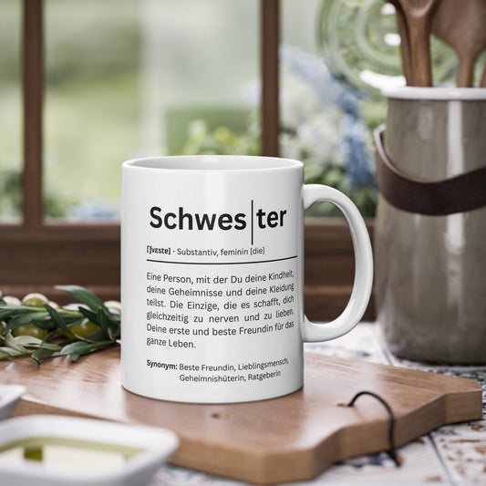 Keramiktasse Schwester Definition – Geschenkidee für Schwester Geburtstag