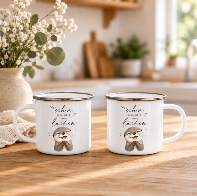 Wer schön sein will muss lachen - Emaille Tasse Otter | Lustige Camping Tasse | Geschenk für Tierliebhaber | 350 ml