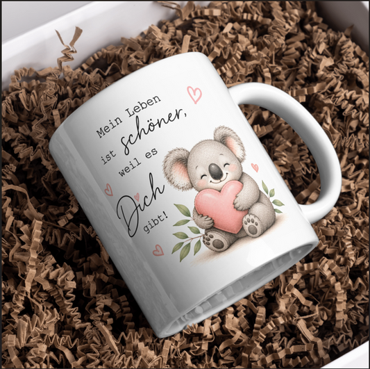 Mein Leben ist schöner weil es Dich gibt Tasse – Süßer Koala mit Herz | Liebevolle Geschenkidee für Lieblingsmenschen
