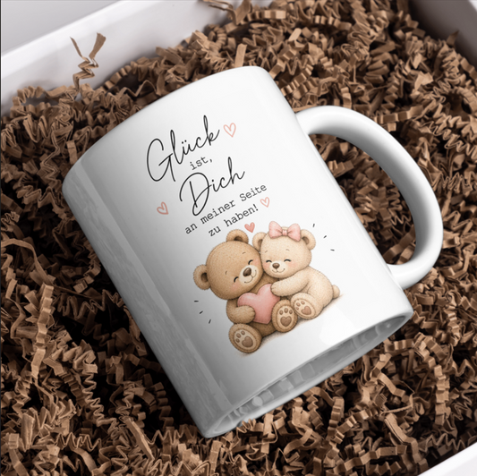 Glück ist Dich an meiner Seite zu haben Tasse | Teddy Paar mit Herz | Romantisches Geschenk für Lieblingsmensch