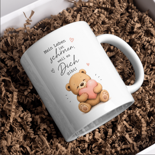 Mein Leben ist schöner weil es Dich gibt Tasse | Teddy mit Herz | Romantisches Geschenk für Lieblingsmensch