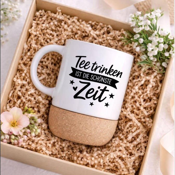 Tee trinken ist die schönste Zeit Tasse mit Korkboden – Geschenk für Teeliebhaber Tee Fan Becher Spruch