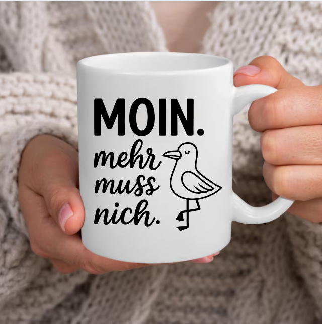 MOIN. Mehr muss nich. Tasse – Lustige maritime Kaffeetasse mit Möwe | Nordsee Ostsee Geschenk | Norddeutscher Spruch
