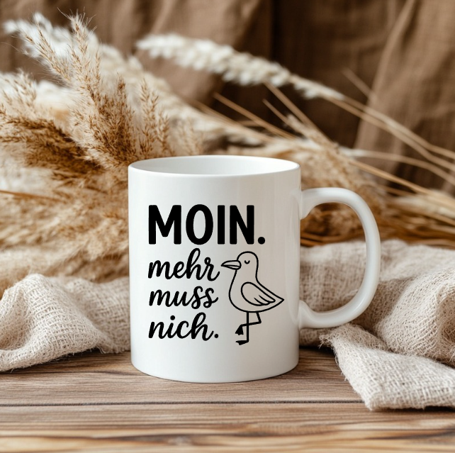 MOIN. Mehr muss nich. Tasse – Lustige maritime Kaffeetasse mit Möwe | Nordsee Ostsee Geschenk | Norddeutscher Spruch