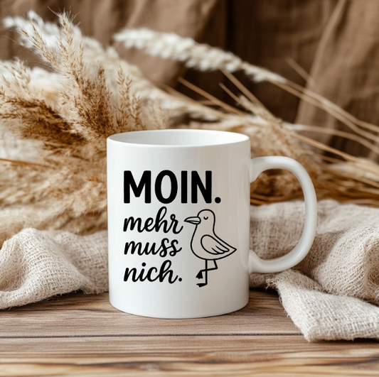 MOIN. Mehr muss nich. Tasse – Lustige maritime Kaffeetasse mit Möwe | Nordsee Ostsee Geschenk | Norddeutscher Spruch