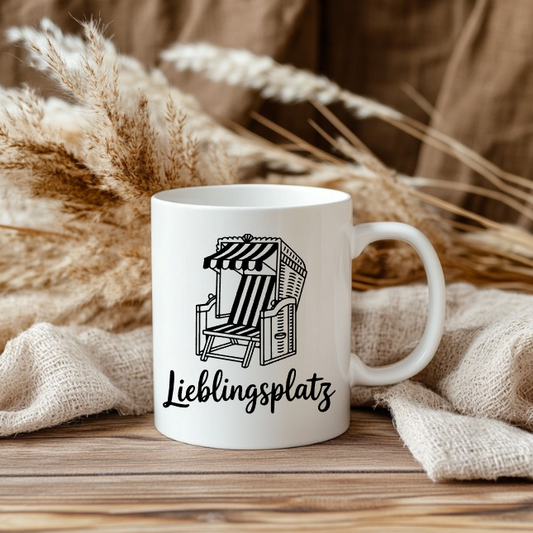 Lieblingsplatz Strandkorb Tasse – Strandkorb Keramiktasse | Maritime Tasse | Nordsee Ostsee Geschenk | Strandliebhaber | Küsten Deko | Kaffeebecher