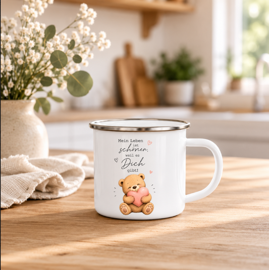 Mein Leben ist schöner, weil es Dich gibt - Emaille Tasse mit Teddy | Geschenk für Lieblingsmensch | Camping Becher 350 ml