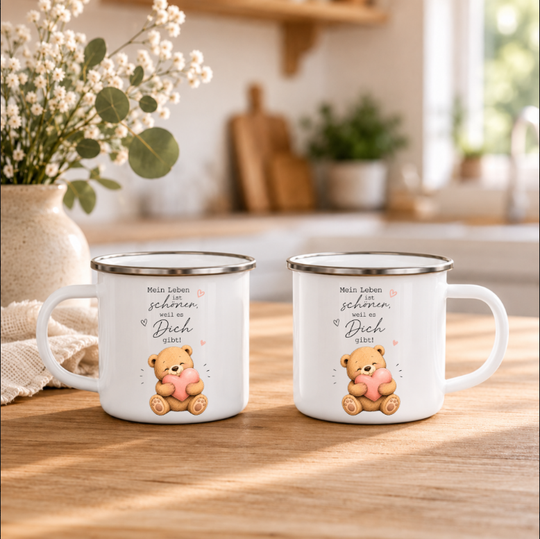 Mein Leben ist schöner, weil es Dich gibt - Emaille Tasse mit Teddy | Geschenk für Lieblingsmensch | Camping Becher 350 ml