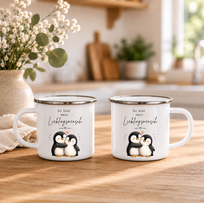 Du bist mein Lieblingsmensch - Emaille Tasse Pinguine | Geschenk für Partner, Freundin oder Freund | Camping Becher 350 ml