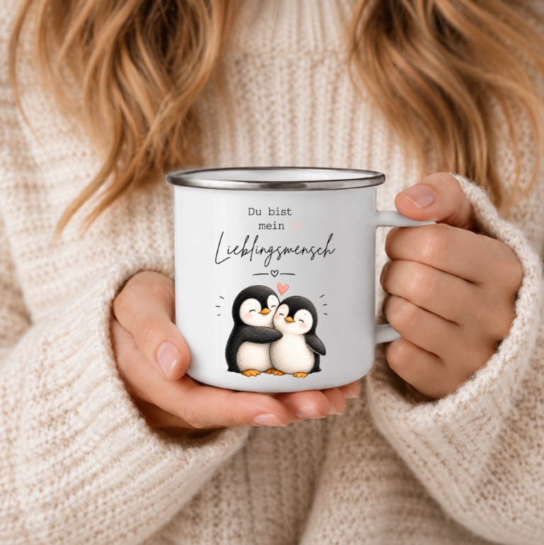 Du bist mein Lieblingsmensch - Emaille Tasse Pinguine | Geschenk für Partner, Freundin oder Freund | Camping Becher 350 ml