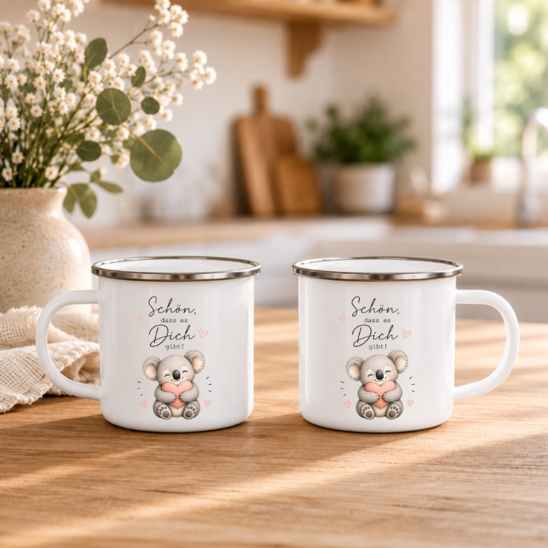 Schön, dass es Dich gibt - Emaille Tasse Koala | Liebevolles Geschenk für Lieblingsmensch | Camping Becher 350 ml