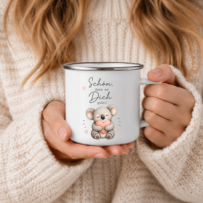 Schön, dass es Dich gibt - Emaille Tasse Koala | Liebevolles Geschenk für Lieblingsmensch | Camping Becher 350 ml
