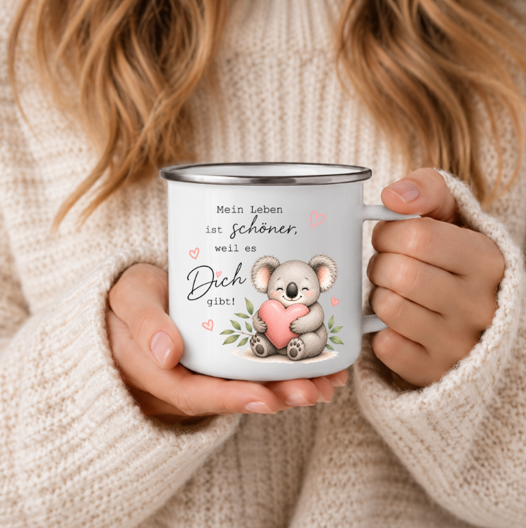 Mein Leben ist schöner, weil es Dich gibt | Koala Tasse mit Herz | Geschenk für Lieblingsmensch, Freundin & Partner 350 ml