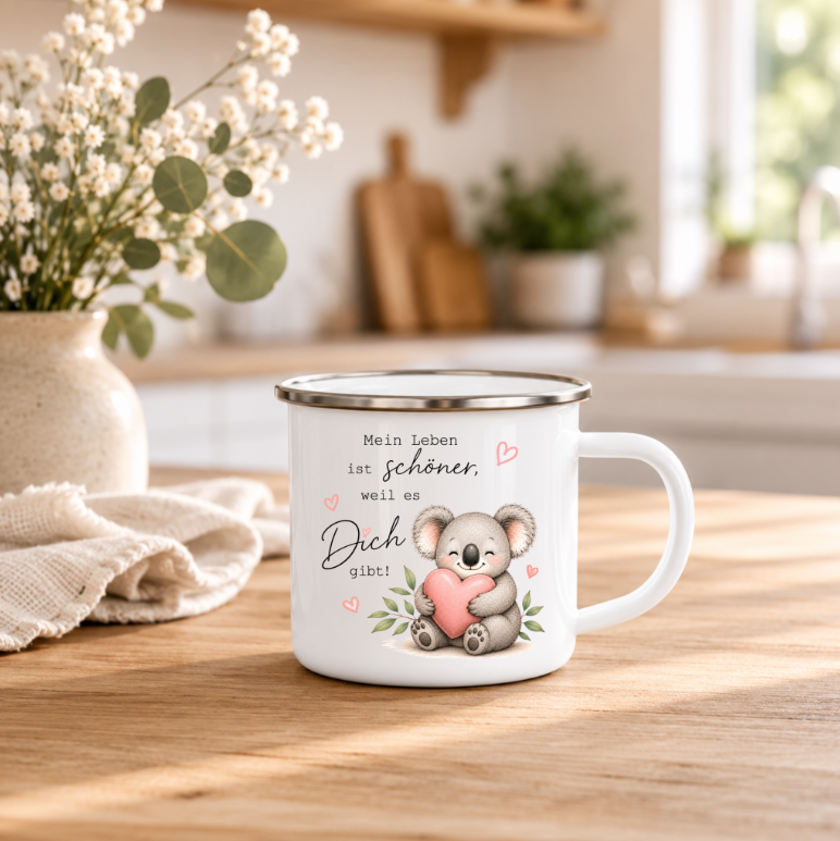 Mein Leben ist schöner, weil es Dich gibt | Koala Tasse mit Herz | Geschenk für Lieblingsmensch, Freundin & Partner 350 ml