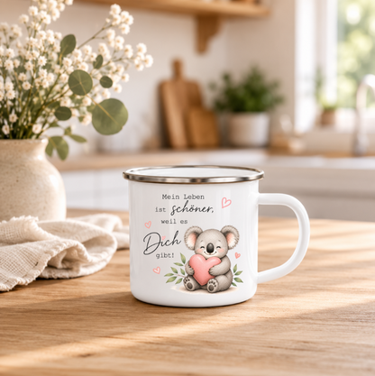 Mein Leben ist schöner, weil es Dich gibt | Koala Tasse mit Herz | Geschenk für Lieblingsmensch, Freundin & Partner 350 ml