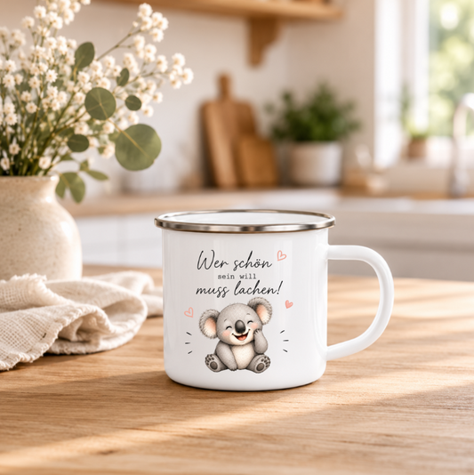 Wer schön sein will muss lachen | Lustige Koala Tasse | Geschenk für Freundin, Kollegen & Lieblingsmensch 350 ml