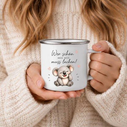 Wer schön sein will muss lachen | Lustige Koala Tasse | Geschenk für Freundin, Kollegen & Lieblingsmensch 350 ml
