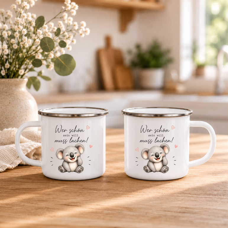 Wer schön sein will muss lachen | Lustige Koala Tasse | Geschenk für Freundin, Kollegen & Lieblingsmensch 350 ml