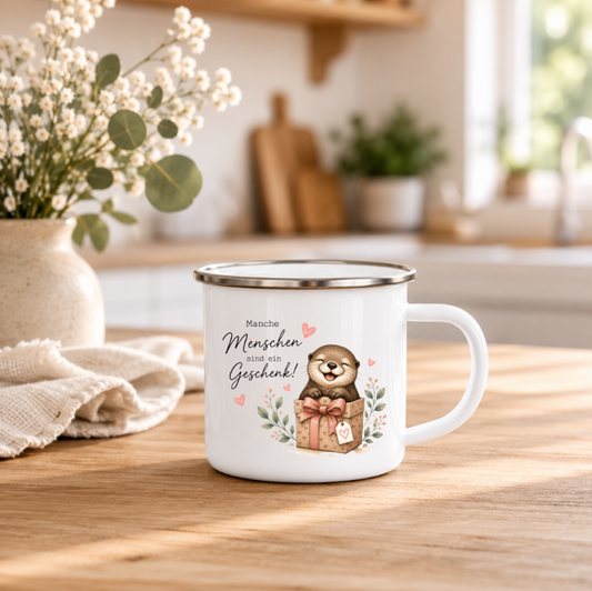 Manche Menschen sind ein Geschenk | Emaille Tasse Otter Geschenk | Süße Camping Tasse 350 ml | Geschenk Lieblingsmensch