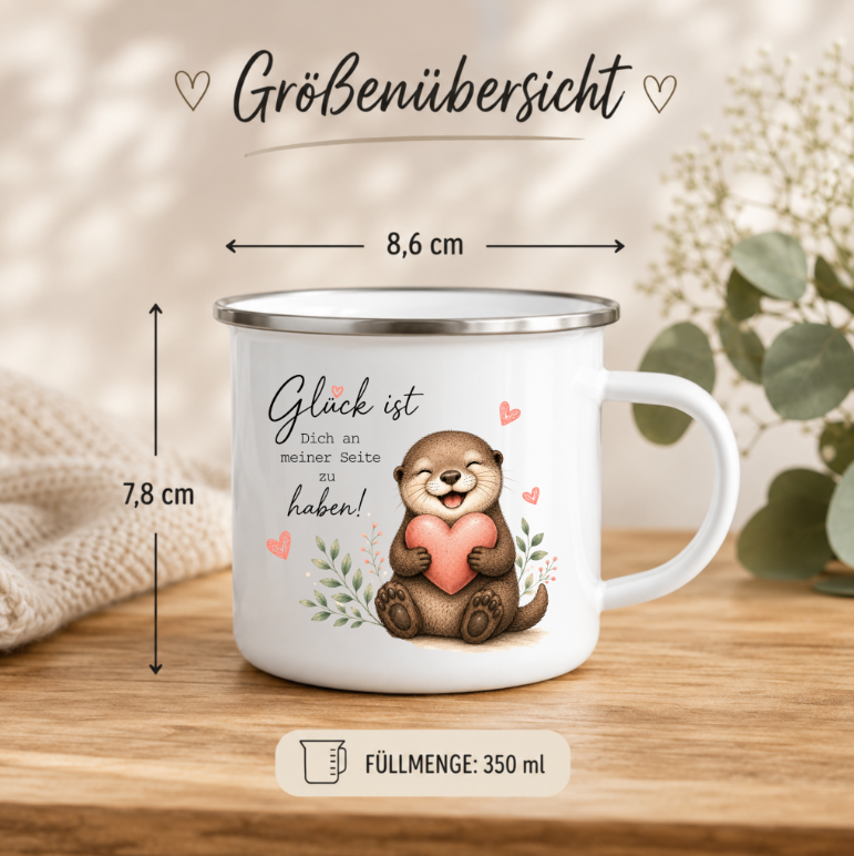 Glück ist Dich an meiner Seite zu haben | Emaille Tasse Otter Geschenk | Süße Camping Tasse 350 ml | Geschenk Lieblingsmensch