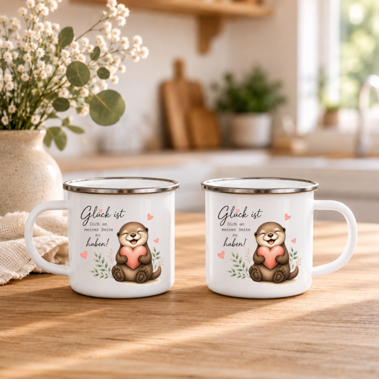 Glück ist Dich an meiner Seite zu haben | Emaille Tasse Otter Geschenk | Süße Camping Tasse 350 ml | Geschenk Lieblingsmensch