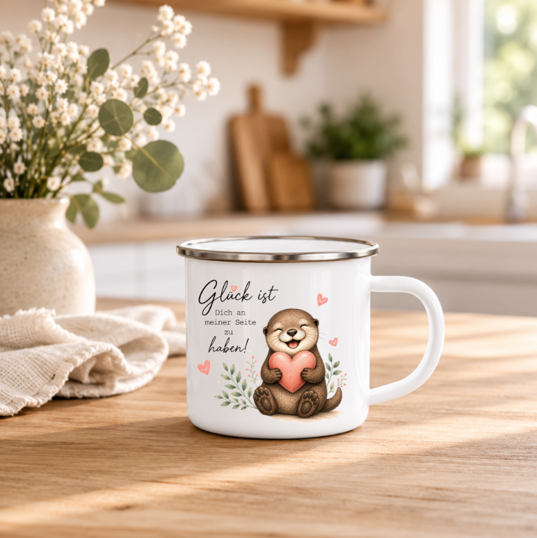 Glück ist Dich an meiner Seite zu haben | Emaille Tasse Otter Geschenk | Süße Camping Tasse 350 ml | Geschenk Lieblingsmensch