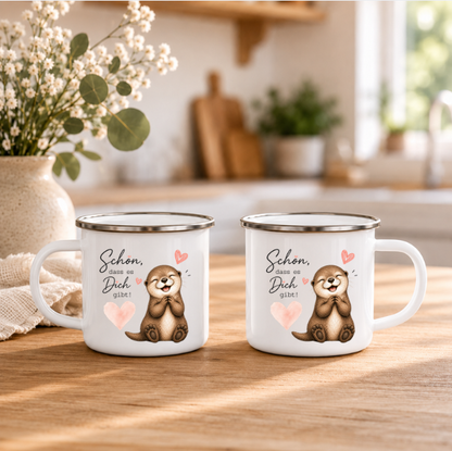 Schön dass es Dich gibt | Emaille Tasse Otter I Geschenk für Lieblingsmensch | Camping Tasse 350 ml | Geschenk Freundin