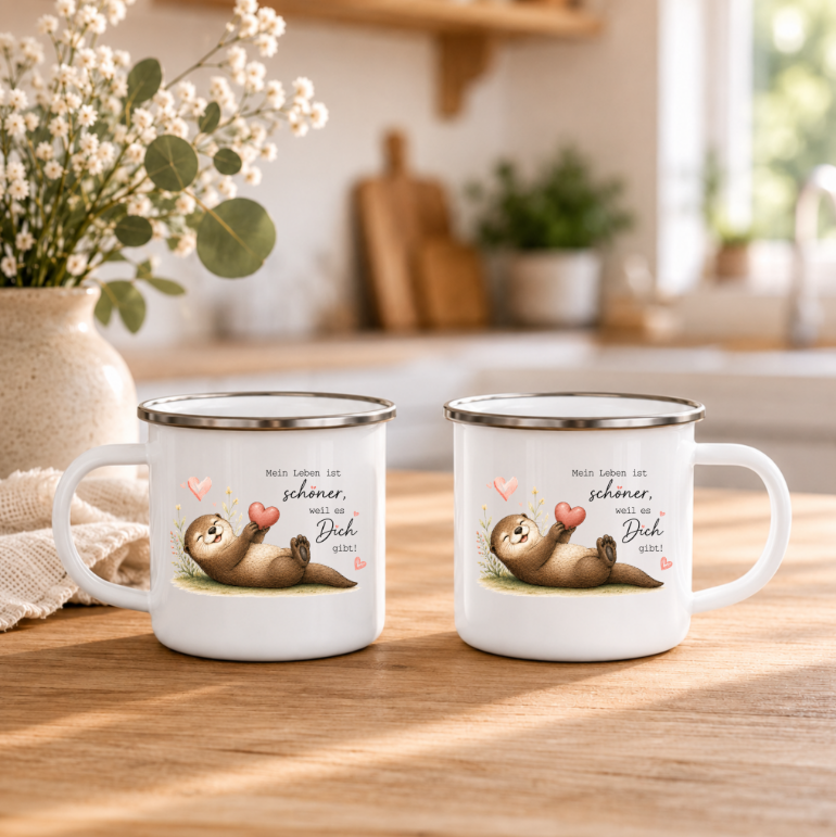 Mein Leben ist schöner weil es Dich gibt | Emaille Tasse Otter I Geschenk Lieblingsmensch | Camping Tasse 350 ml | Geschenk für Freundin