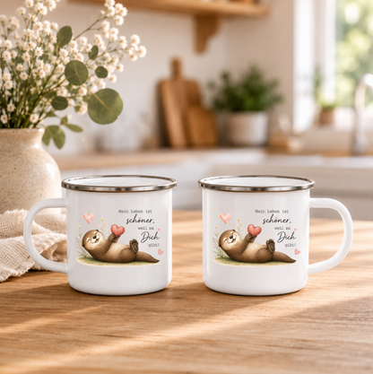 Mein Leben ist schöner weil es Dich gibt | Emaille Tasse Otter I Geschenk Lieblingsmensch | Camping Tasse 350 ml | Geschenk für Freundin
