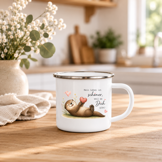 Mein Leben ist schöner weil es Dich gibt | Emaille Tasse Otter I Geschenk Lieblingsmensch | Camping Tasse 350 ml | Geschenk für Freundin