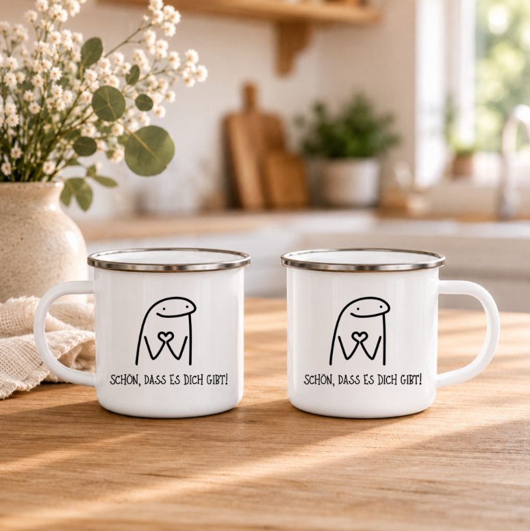 Schön dass es Dich gibt | Emaille Tasse I Minimalistische Geschenk Tasse | Herz Motiv | Freundschaft Geschenk | 350 ml