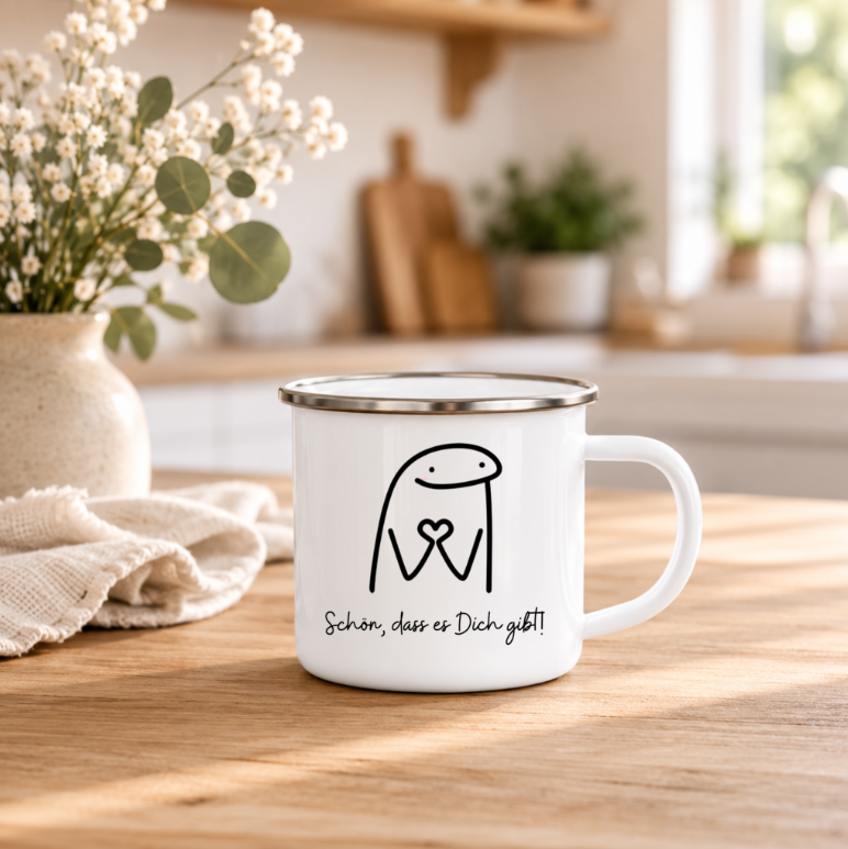 Schön dass es Dich gibt | Emaille Tasse I Minimalistische Geschenk Tasse | Herz Motiv | Freundschaft Geschenk | 350 ml