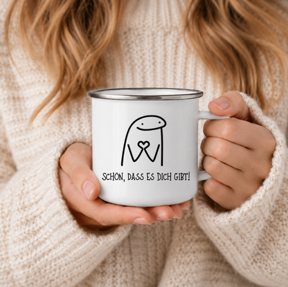 Schön dass es Dich gibt | Emaille Tasse I Minimalistische Geschenk Tasse | Herz Motiv | Freundschaft Geschenk | 350 ml