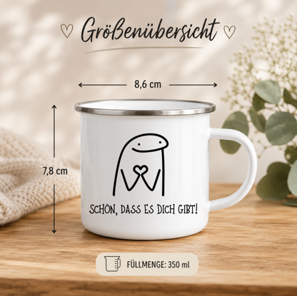 Schön dass es Dich gibt | Emaille Tasse I Minimalistische Geschenk Tasse | Herz Motiv | Freundschaft Geschenk | 350 ml