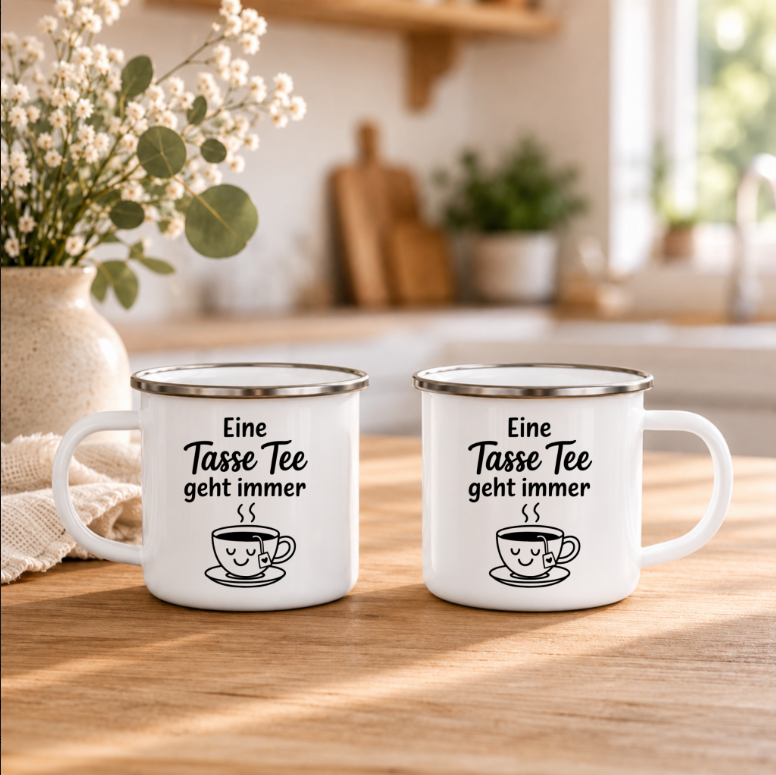 Eine Tasse Tee geht immer | Lustige Tee Tasse Emaille Tasse  | Geschenk für Teeliebhaber | Camping Becher | 350 ml Emaille