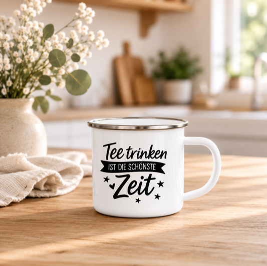 Tee trinken ist die schönste Zeit | Tee Tasse mit Spruch | Geschenk für Teeliebhaber | Camping Becher | 350 ml Emaile Tasse