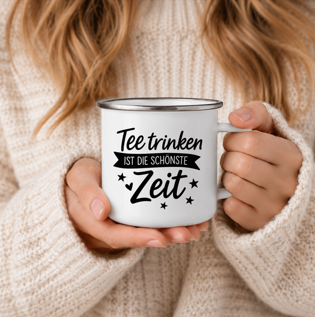 Tee trinken ist die schönste Zeit | Tee Tasse mit Spruch | Geschenk für Teeliebhaber | Camping Becher | 350 ml Emaile Tasse