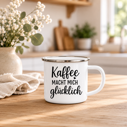 Kaffee macht mich glücklich | Lustige Kaffeetasse | Geschenk für Kaffeeliebhaber | Camping Becher | 350 ml Emaille Tasse