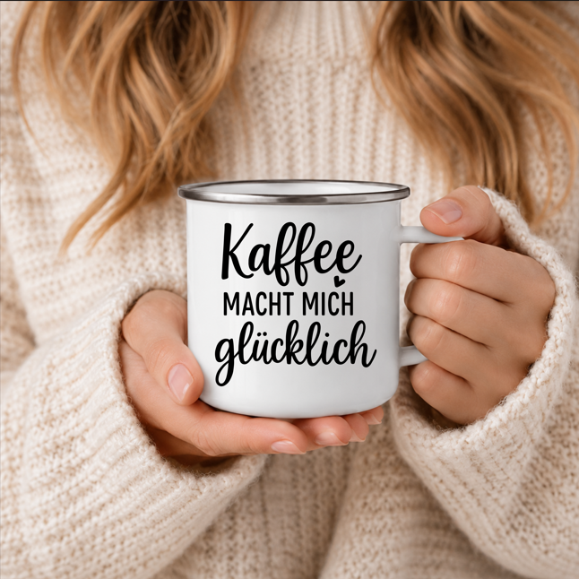 Kaffee macht mich glücklich | Lustige Kaffeetasse | Geschenk für Kaffeeliebhaber | Camping Becher | 350 ml Emaille Tasse