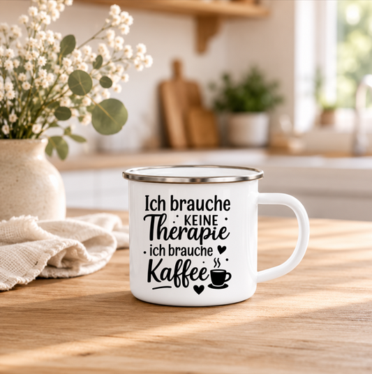 Ich brauche keine Therapie ich brauche Kaffee | Lustige Kaffeetasse | Geschenk für Kaffeeliebhaber | Camping Becher Emaille Tasse