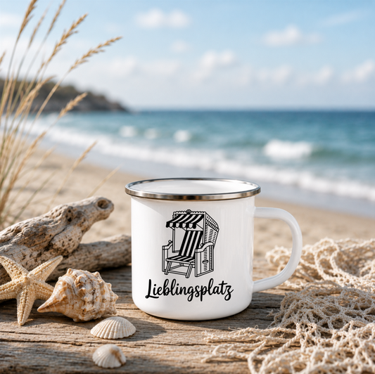 Lieblingsplatz Strandkorb | Maritime Tasse | Nordsee Ostsee Geschenk | Strandliebhaber | Camping Becher 350 ml Emaille Tasse