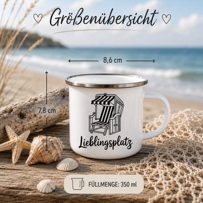 Lieblingsplatz Strandkorb | Maritime Tasse | Nordsee Ostsee Geschenk | Strandliebhaber | Camping Becher 350 ml Emaille Tasse