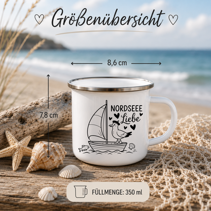 Nordsee Liebe | Maritime Tasse mit Segelboot & Möwe | Nordsee Geschenk | Ostsee | Camping Becher 350 ml Emaille Tasse
